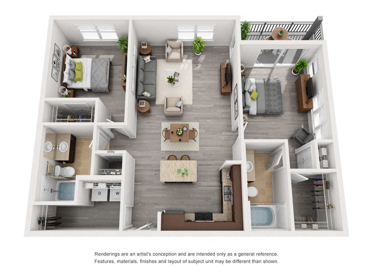 Floor plan for 2 beds, 2 baths, 1265 sqft
